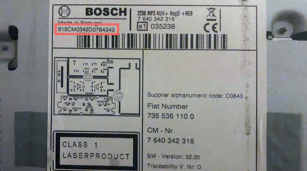 Fiat Bosch Radio Code Label